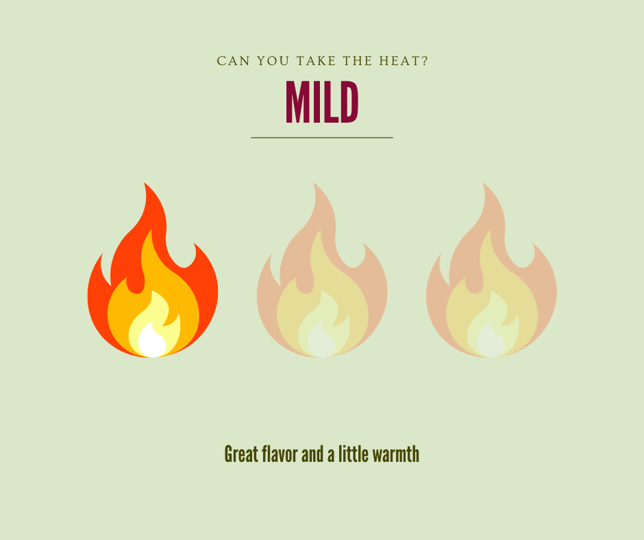 Three stylized flames on a light green background with text about flavor and warmth. Text says "Can you take the heat? Mild-Great flavor and a little warmth"
